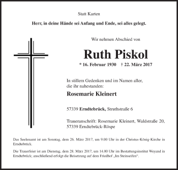Traueranzeige von Ruth Piskol von Siegener Zeitung