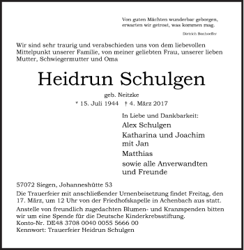 Traueranzeige von Heidrun Schulgen von Siegener Zeitung