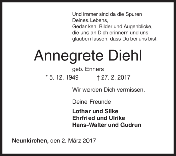 Traueranzeige von Annegrete Diehl von Siegener Zeitung