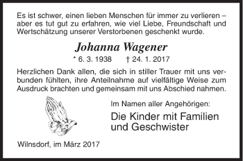 Traueranzeige von Johanna Wagener von Siegener Zeitung