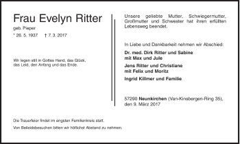 Traueranzeige von Evelyn Ritter von Siegener Zeitung