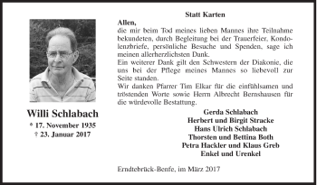 Traueranzeige von Willi Schlabach von Siegener Zeitung