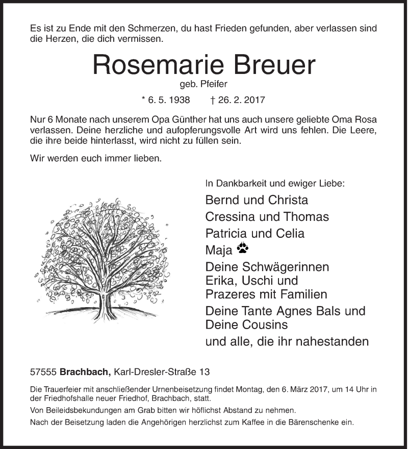  Traueranzeige für Rosemarie Breuer vom 02.03.2017 aus Siegener Zeitung