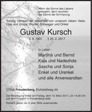 Traueranzeige von Gustav Kursch von Siegener Zeitung