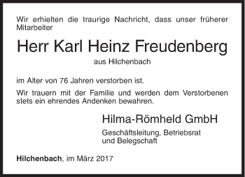 Traueranzeige von Karl Heinz Freudenberg von Siegener Zeitung