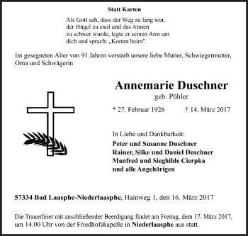 Traueranzeige von Annemarie Duschner von Siegener Zeitung