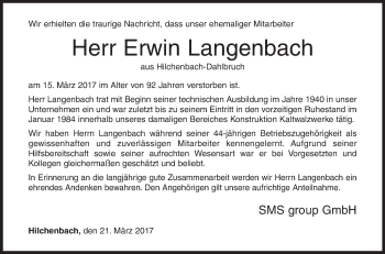 Traueranzeige von Erwin Langenbach von Siegener Zeitung