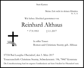 Traueranzeige von Reinhard Althaus von Siegener Zeitung