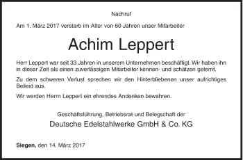 Traueranzeige von Achim Leppert von Siegener Zeitung