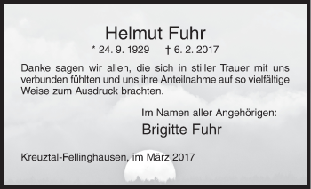 Traueranzeige von Helmut Fuhr von Siegener Zeitung