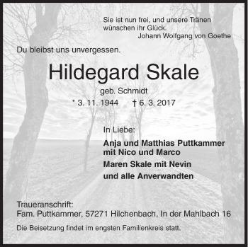 Traueranzeige von Hildegard Skale von Siegener Zeitung