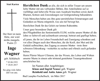 Traueranzeige von Inge Wagner von Siegener Zeitung