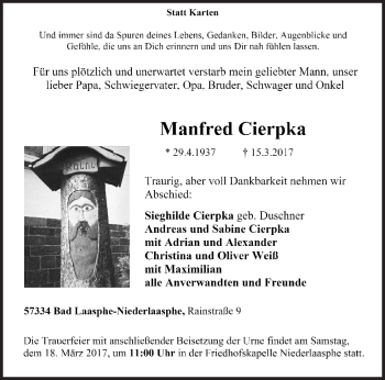 Traueranzeige von Manfred Cierpka von Siegener Zeitung