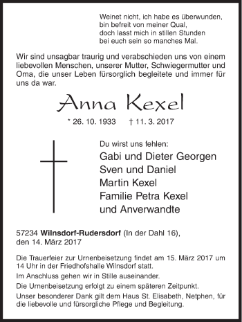 Traueranzeige von Anna Kexel von Siegener Zeitung