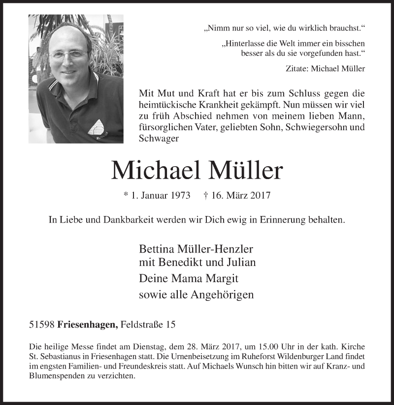  Traueranzeige für Michael Müller vom 22.03.2017 aus Siegener Zeitung