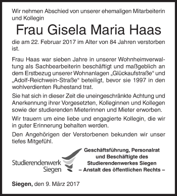 Traueranzeige von Gisela Maria Haas von Siegener Zeitung