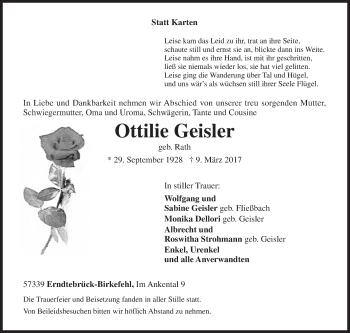 Traueranzeige von Ottilie Geisler von Siegener Zeitung