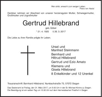 Traueranzeige von Gertrud Hillebrand von Siegener Zeitung