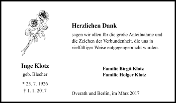 Traueranzeige von Inge Klotz von Siegener Zeitung