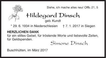 Traueranzeige von Hildegard Dinsch von Siegener Zeitung