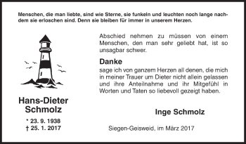 Traueranzeige von Hans-Dieter Schmolz von Siegener Zeitung
