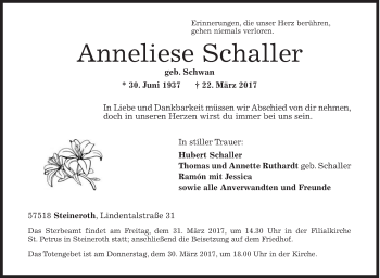 Traueranzeige von Anneliese Schaller von Siegener Zeitung