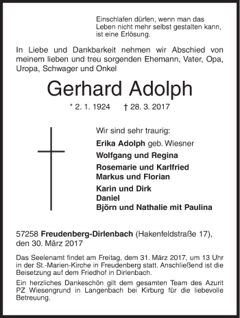 Traueranzeige von Gerhard Adolph von Siegener Zeitung