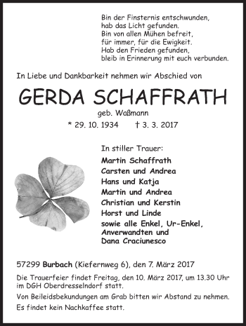 Traueranzeige von Gerda Schaffrath von Siegener Zeitung