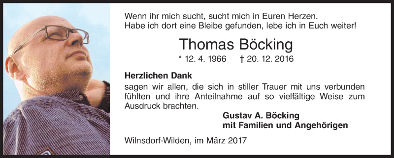  Traueranzeige für Thomas Böcking vom 18.03.2017 aus Siegener Zeitung