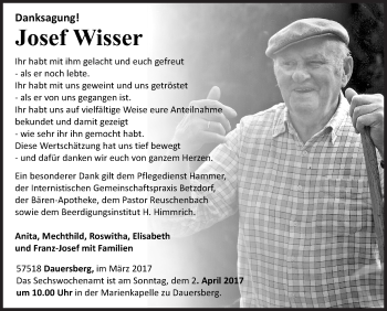 Traueranzeige von Josef Wisser von Siegener Zeitung