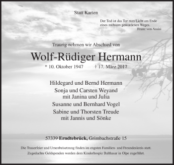 Traueranzeige von Wolf-Rüdiger Hermann von Siegener Zeitung