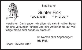 Traueranzeige von Günter Fick von Siegener Zeitung