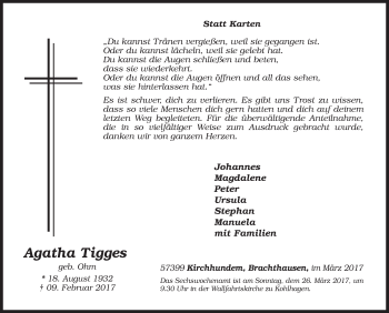 Traueranzeige von Agatha Tigges von Siegener Zeitung