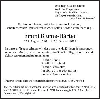 Traueranzeige von Emmi Blume-Härter von Siegener Zeitung