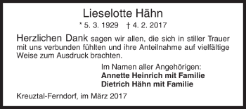 Traueranzeige von Lieselotte Hähn von Siegener Zeitung