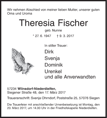 Traueranzeige von Theresia Fischer von Siegener Zeitung