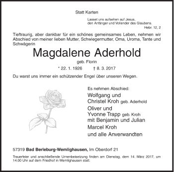 Traueranzeige von Magdalene Aderhold von Siegener Zeitung