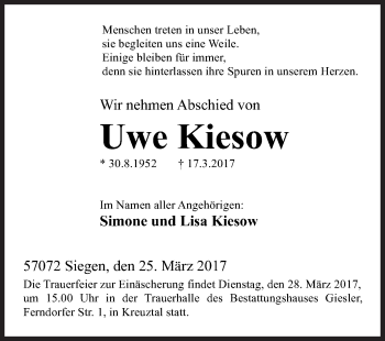 Traueranzeige von Uwe Kiesow von Siegener Zeitung