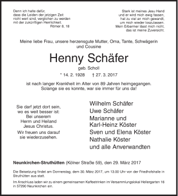 Traueranzeige von Henny Schäfer von Siegener Zeitung