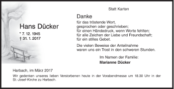 Traueranzeige von Hans Dücker von Siegener Zeitung