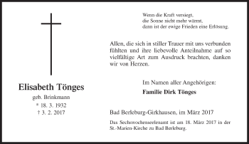 Traueranzeige von Elisabeth Tönges von Siegener Zeitung