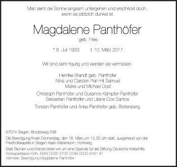 Traueranzeige von Magdalena Panthöfer von Siegener Zeitung