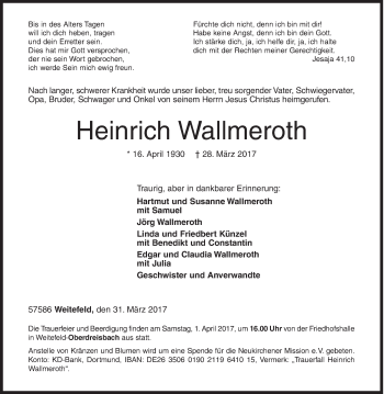 Traueranzeige von Heinrich Wallmeroth von Siegener Zeitung