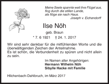Traueranzeige von Ilse Nöh von Siegener Zeitung