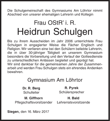 Traueranzeige von Heidrun Schulgen von Siegener Zeitung