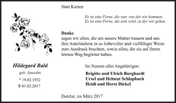 Traueranzeige von Hildegard Bald von Siegener Zeitung