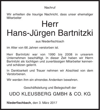 Traueranzeige von Hans-Jürgen Bartnitzki von Siegener Zeitung