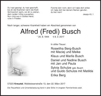 Traueranzeige von Alfred  Busch von Siegener Zeitung