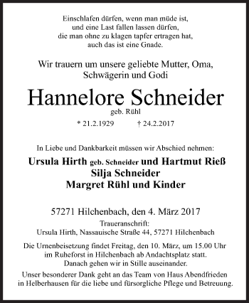 Traueranzeige von Hannelore Schneider von Siegener Zeitung