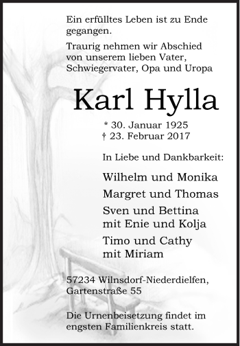 Traueranzeige von Karl Hylla von Siegener Zeitung